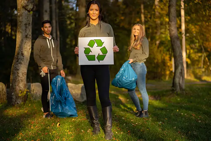 Confident volunteer woman holding recycling symbol placard in front of team